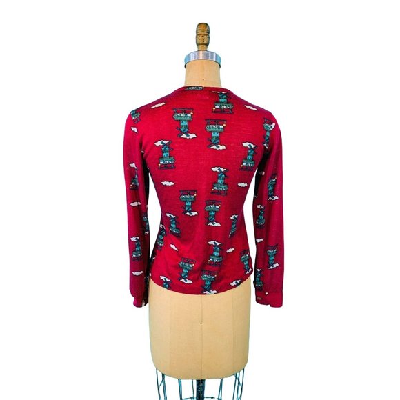 Vintage 70s Novelty Top Womens Small Printed Windmill Maroon Keyhole Blouse - Picture 9 of 10